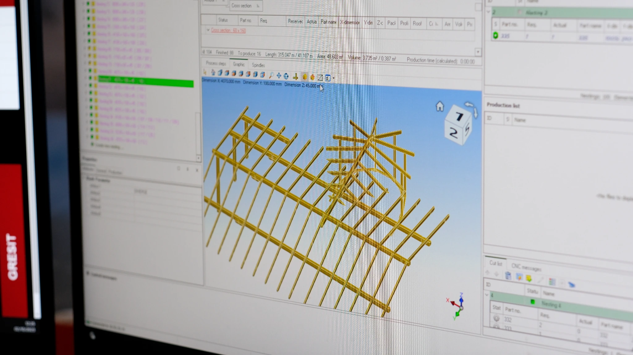 Modelo 3D de cubierta de madera revisado en software de producción