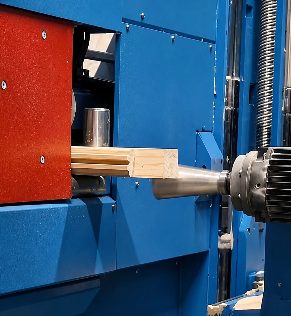 Primer plano del mecanizado robotizado Hundegger de un componente de madera