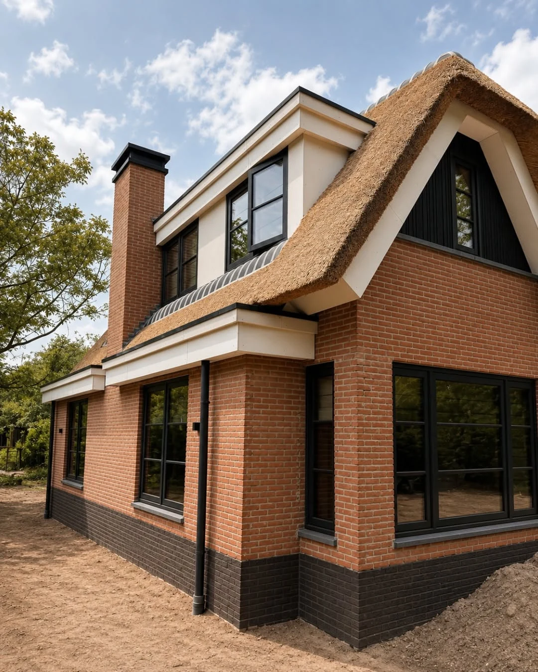 Side corner showing brick façade and thatched roof geometry