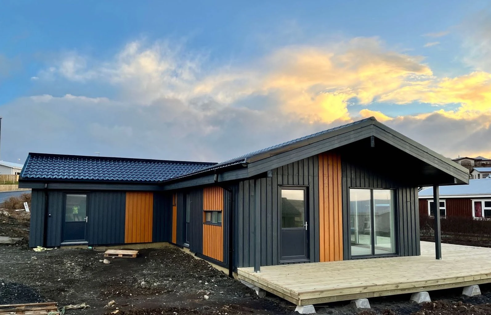 Completed house photographed at sunset