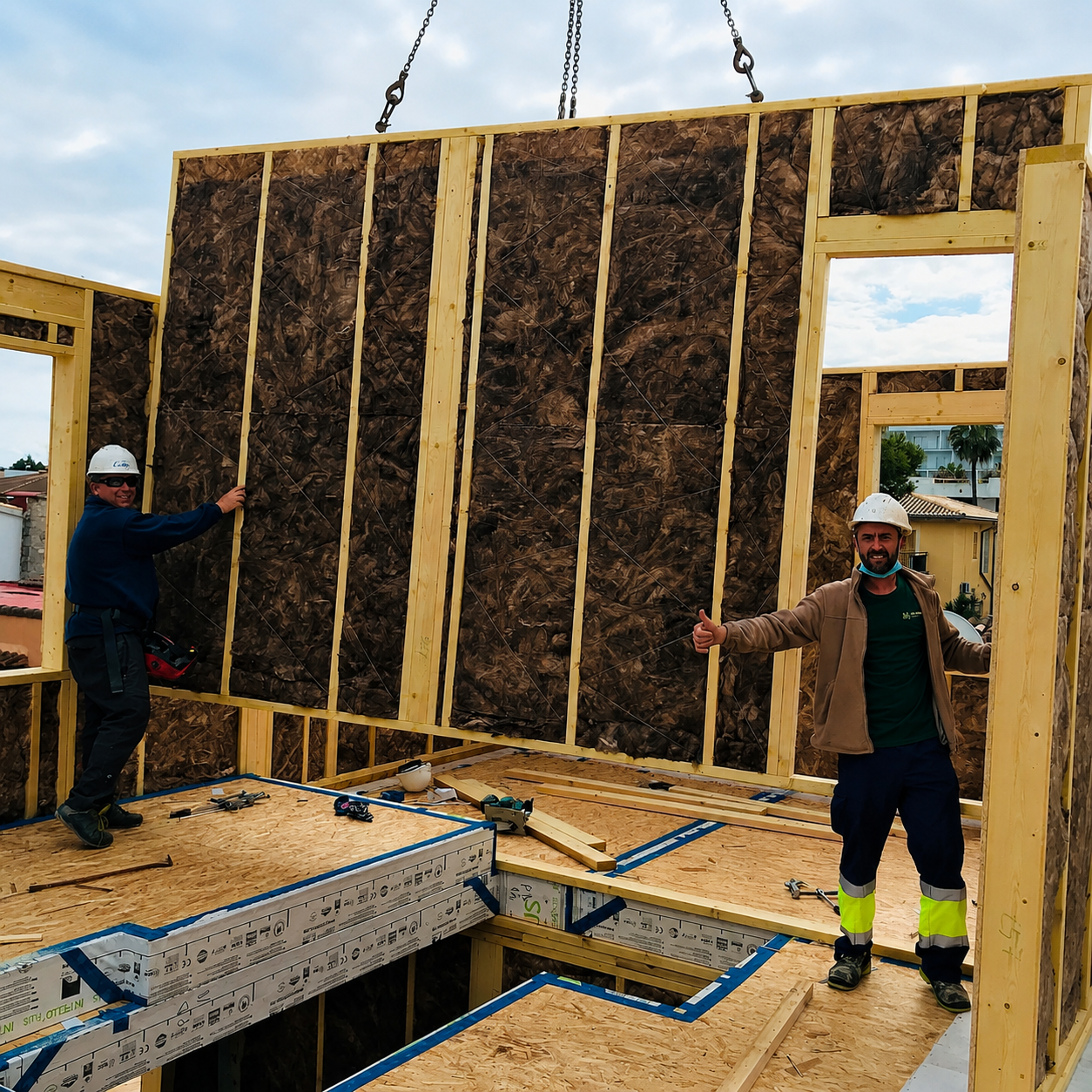 Sección de muro Timber Frame instalándose en obra