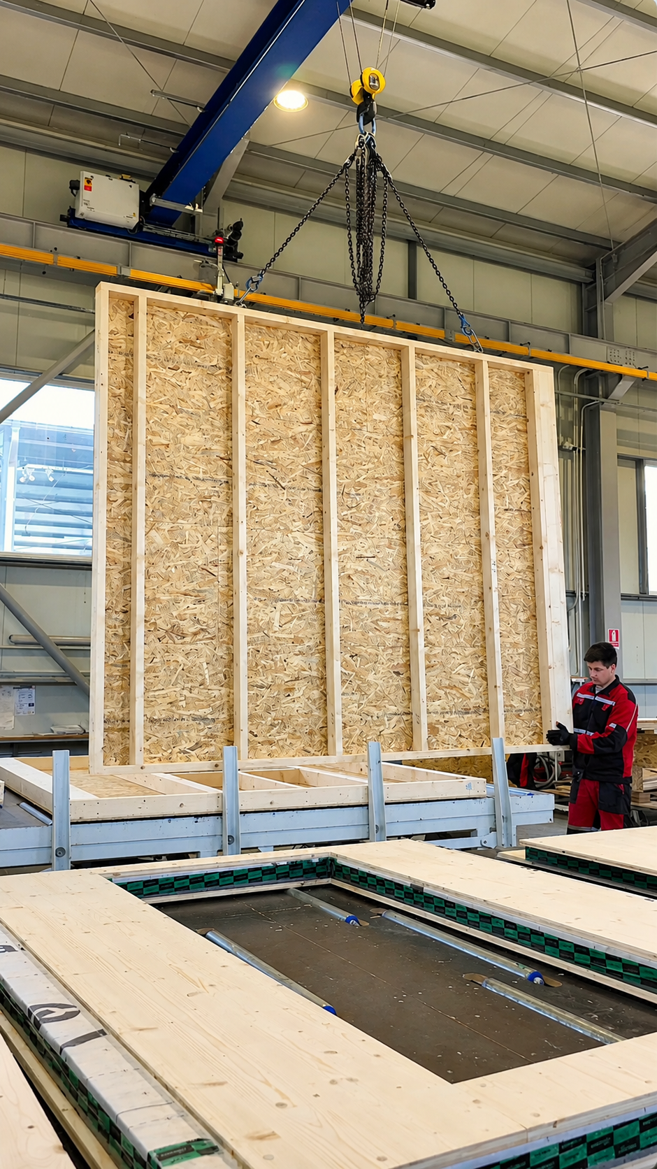 Panel Timber Frame manipulado y almacenado temporalmente en posición vertical dentro de la fábrica