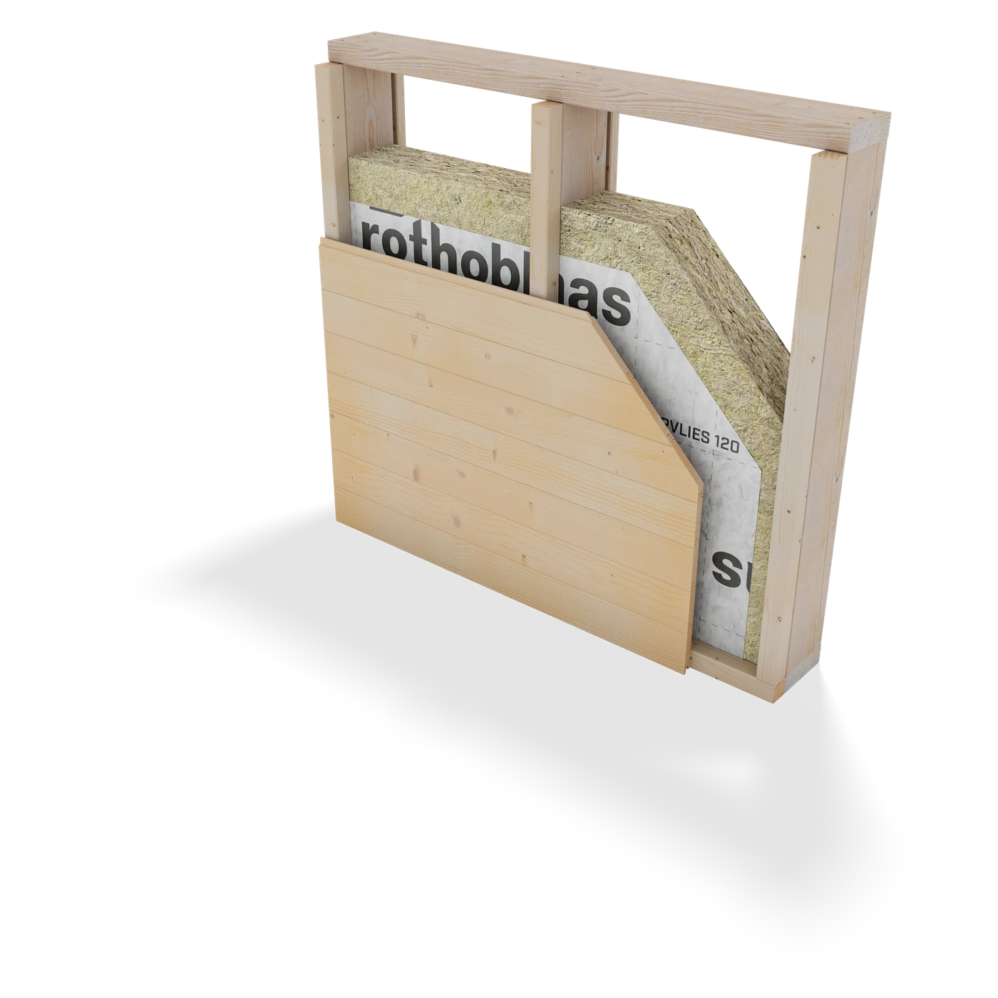 Indicative Nordic timber frame exterior wall viewed from the interior side