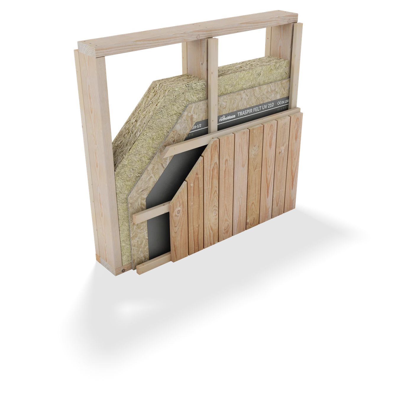 Indicative Nordic timber frame exterior wall viewed from the exterior side