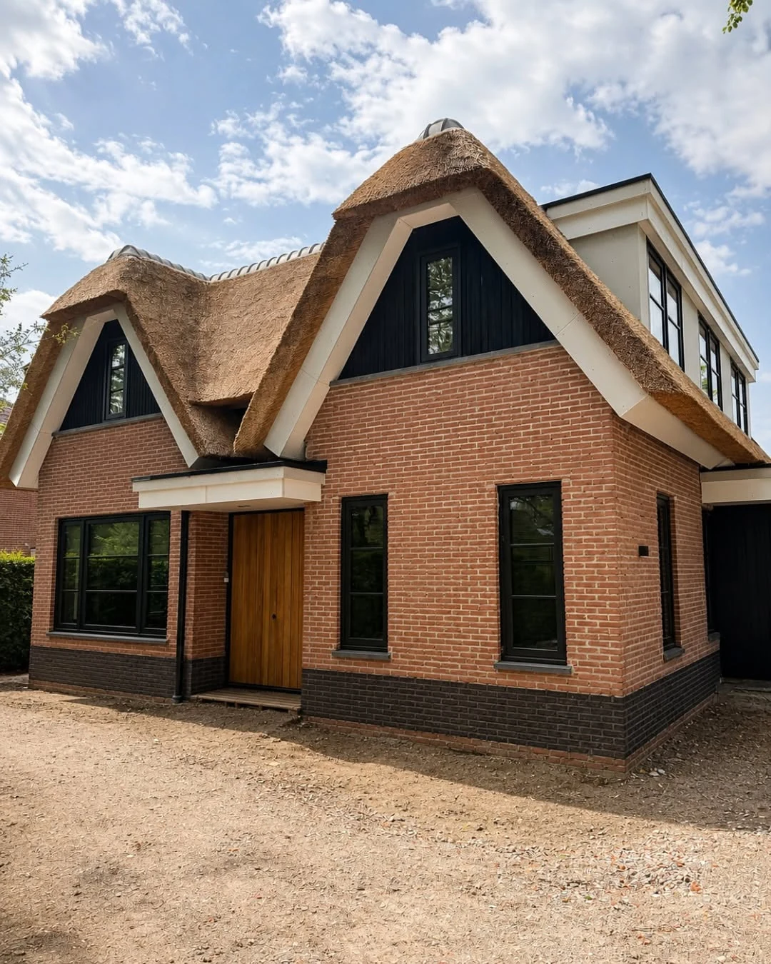 Vivienda Timber Frame terminada con cubierta de paja que muestra una composición de prestaciones específica del proyecto